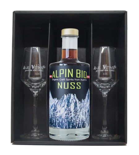 Geschenkbox mit Alpin Bio Nuss, 350ml, 32% & 2 Gläser
